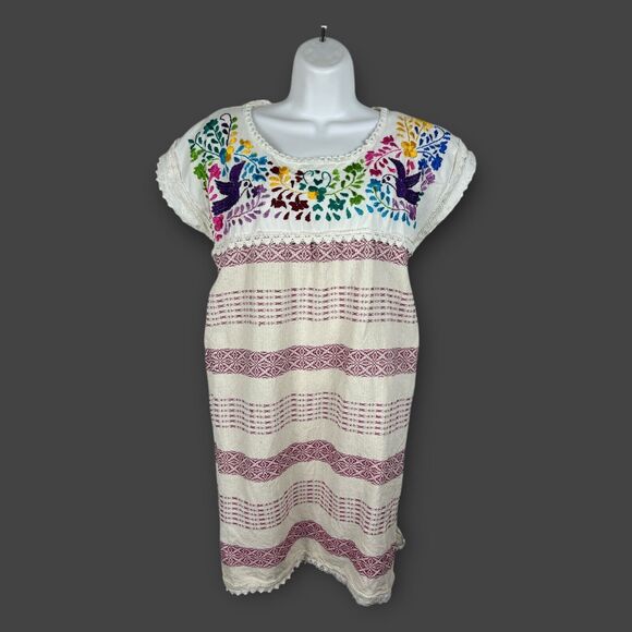 Cream Embroidered Floral Bird Colorful Cotton Boho Festival Dress Small Mexico - Picture 1 of 6